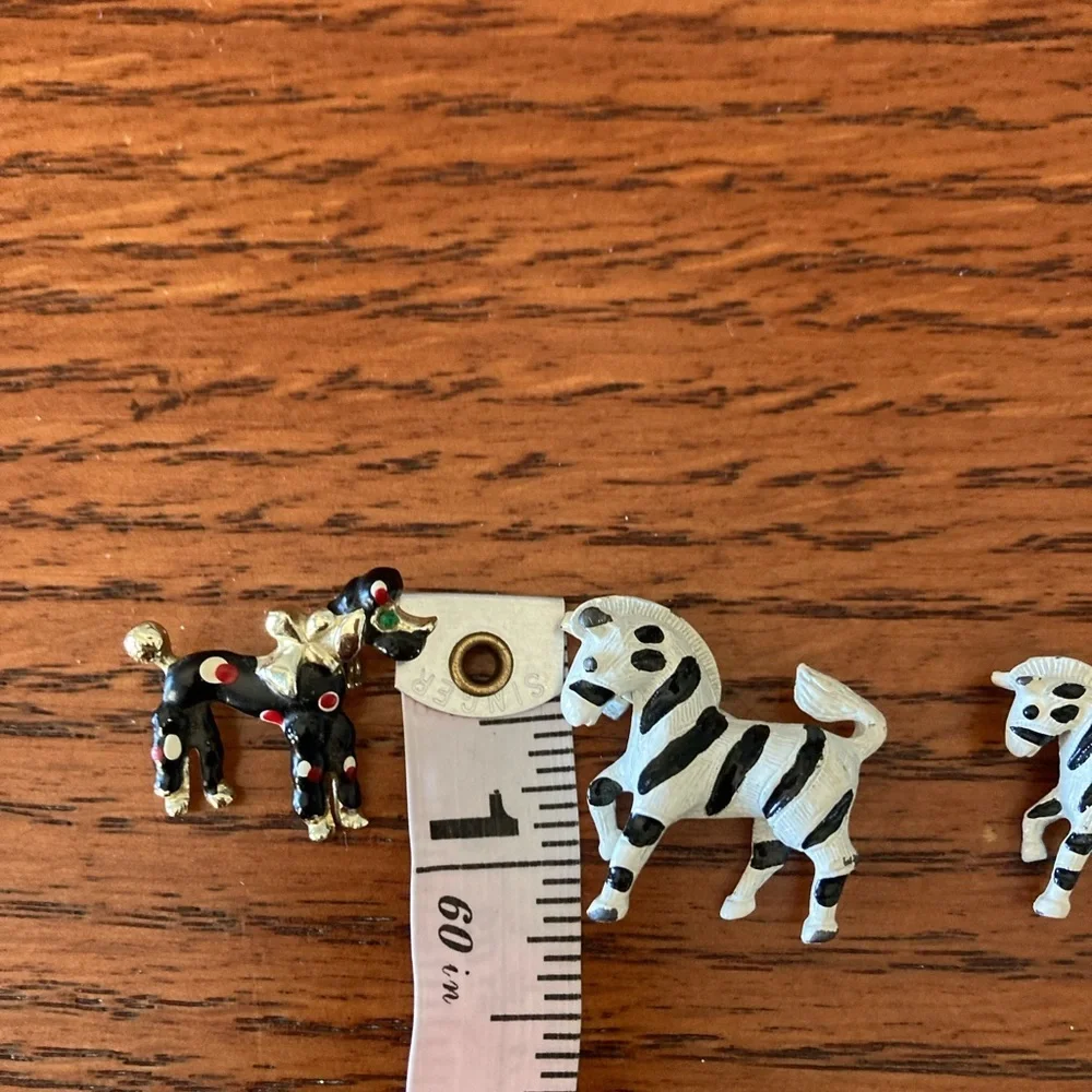 Vintage Lot 2 Zebra brooches black white enamel signed Gerry 1 poodle green eyes